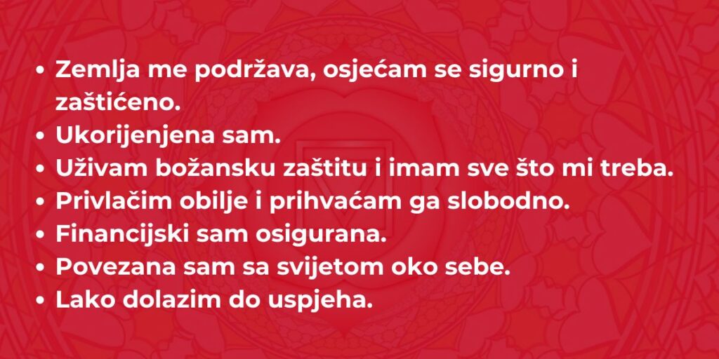 Ilustracija prve cakre s afirmacijama